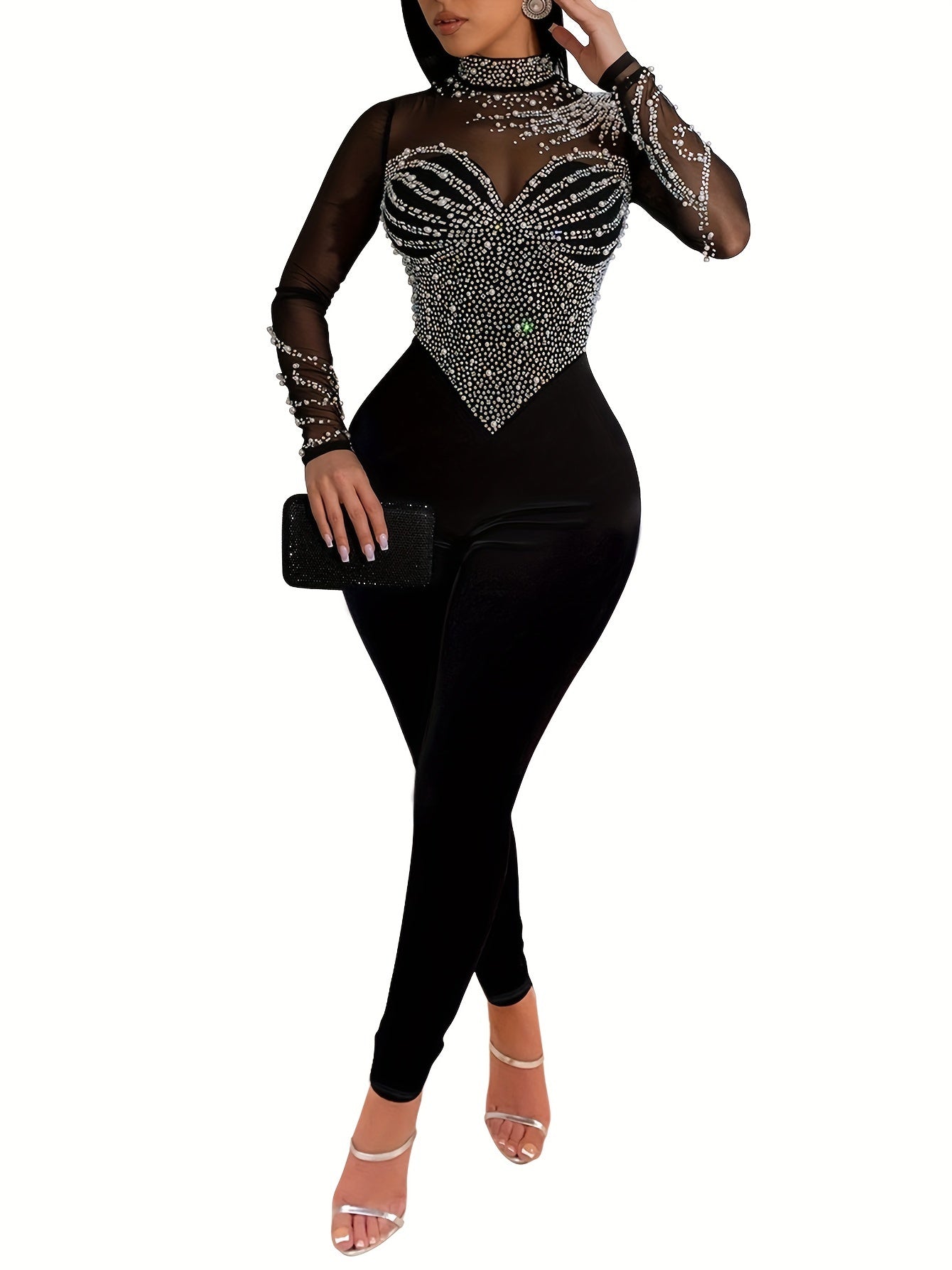 Rhinestone Illusion Neck Jumpsuit, Elegant Long Sleeve Tight Jumpsuit For Party & Club - Women's Clothing - Sparkly Rhinestone Design - Suitable for Evening Events & Parties - Perfect Gift for Women